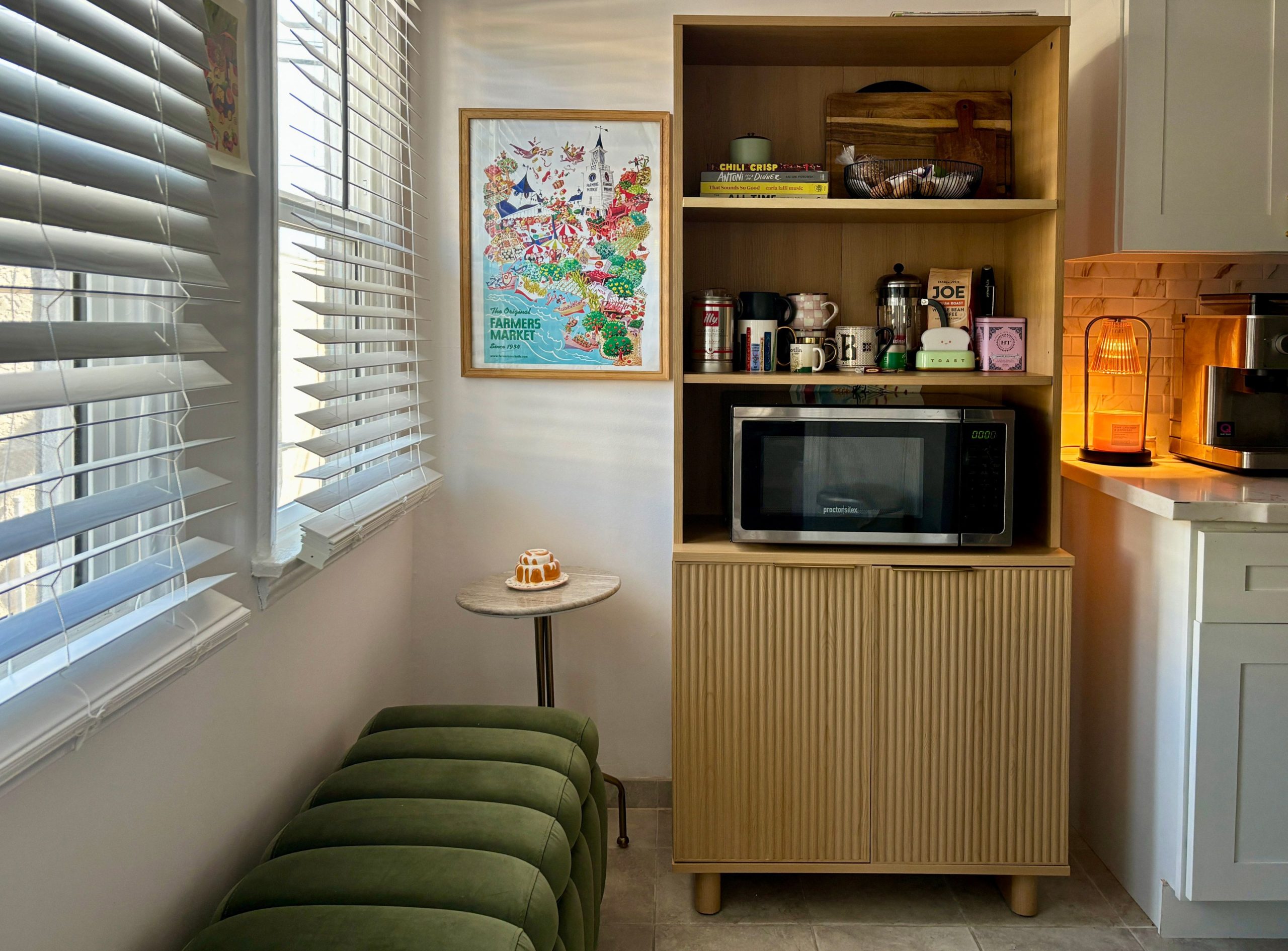 I Designed a Space-Efficient Breakfast Area with Nothing but a Bench and a Bookshelf.
