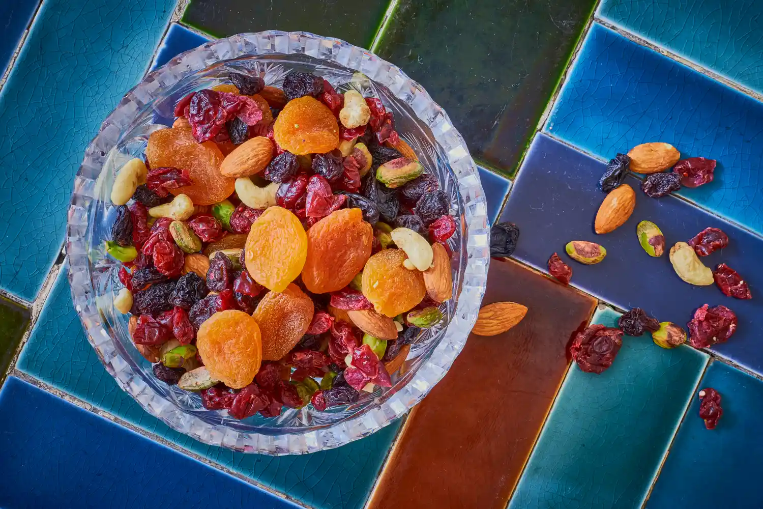 Healthy nut and fruit snack in a glass bowl