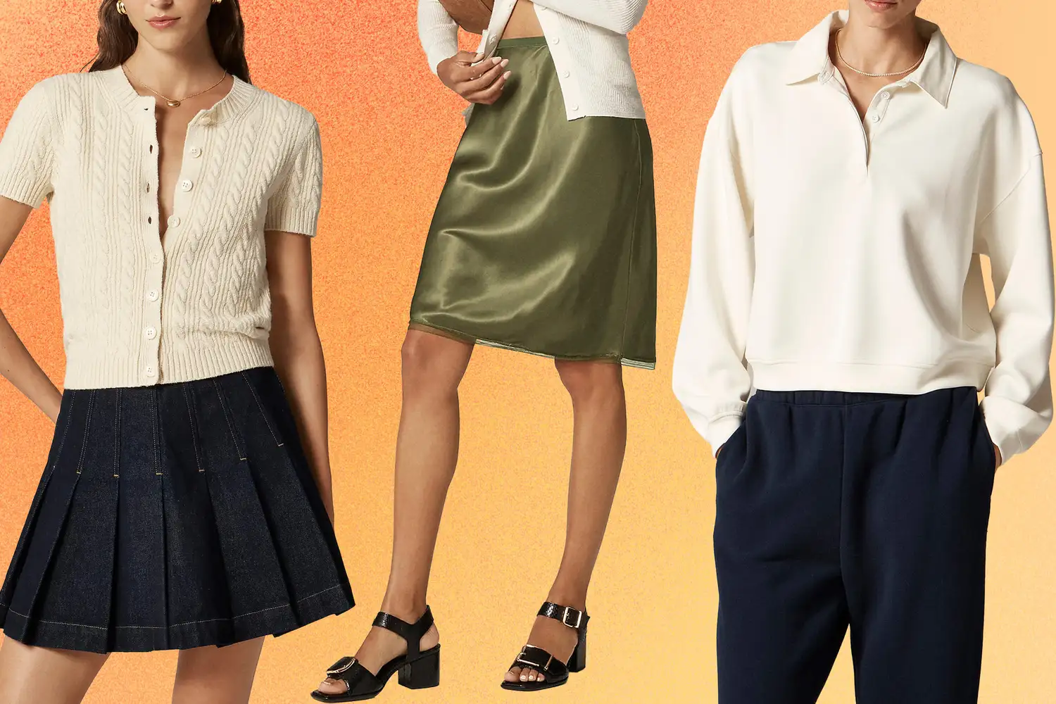 Models wearing styled fall outfits including a pleated skirt with a knit top a satin skirt with a cardigan and a casual sweater with trousers