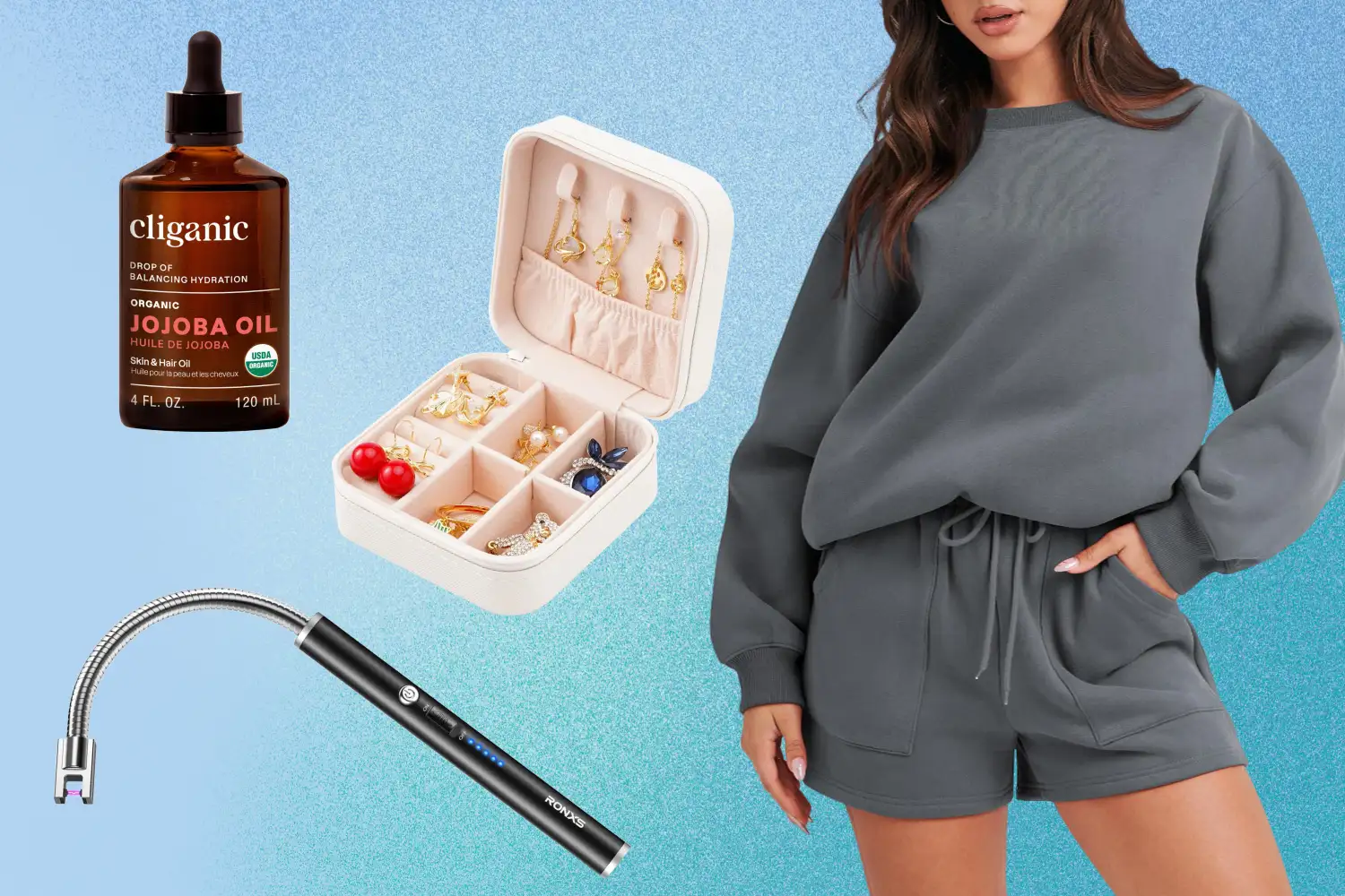 Cliganic Organic Jojoba Oil, Portable Travel Mini Jewelry Box, RONXS Candle Lighter and ANRABESS Two Piece Outfit