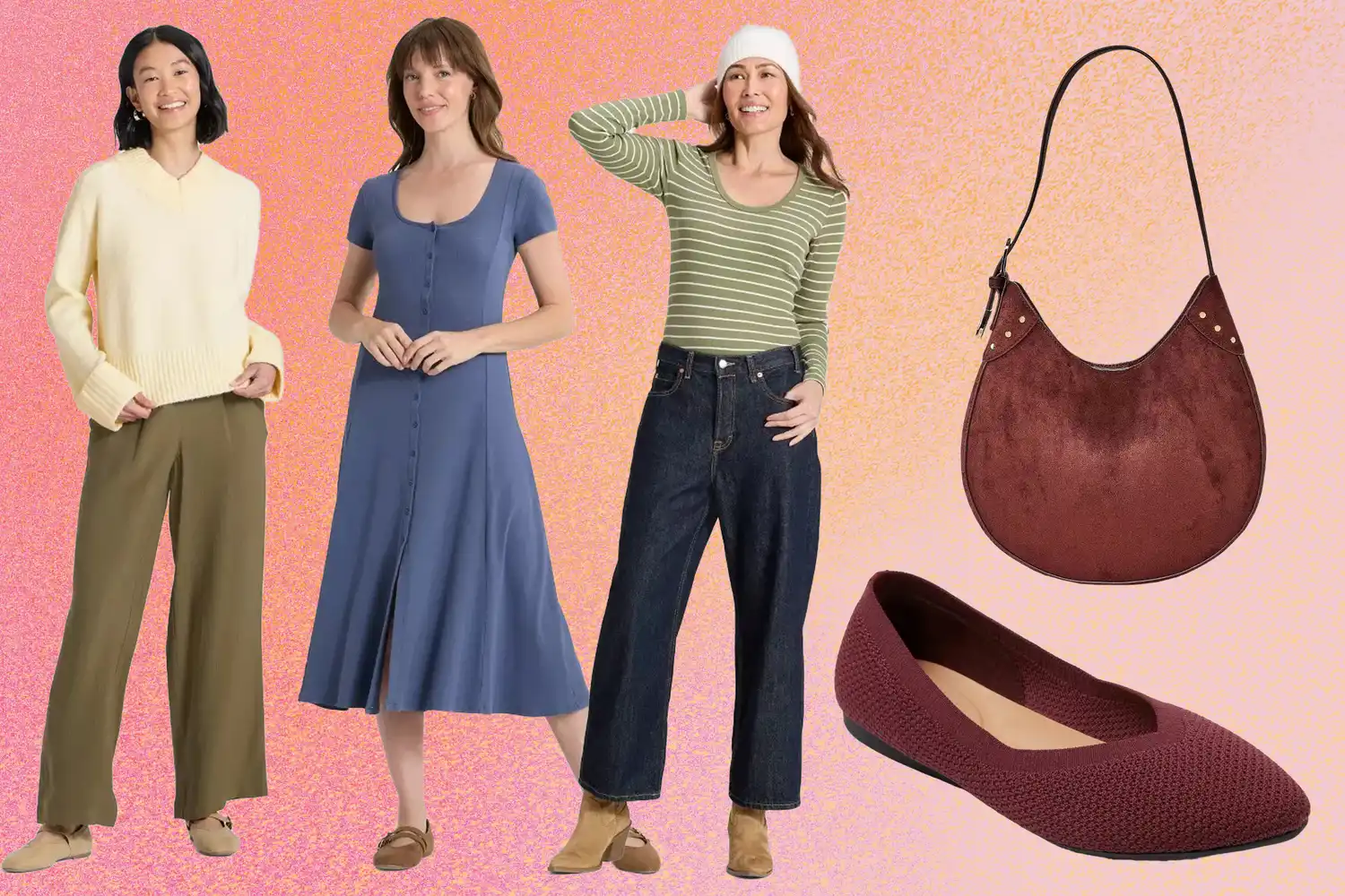 Models showcasing fall outfits including a sweater and pants a dress a striped top with jeans alongside a bag and flats