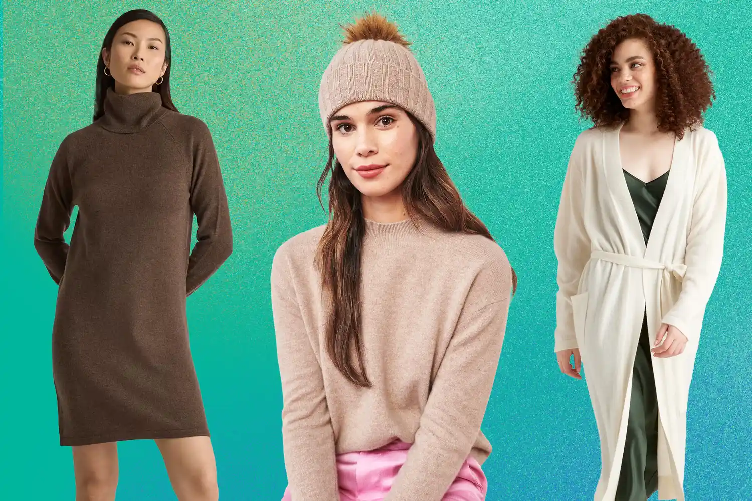 Mongolian Cashmere Turtleneck Sweater Dress, Mongolian Cashmere Robe, Mongolian Cashmere Pom Pom Beanie