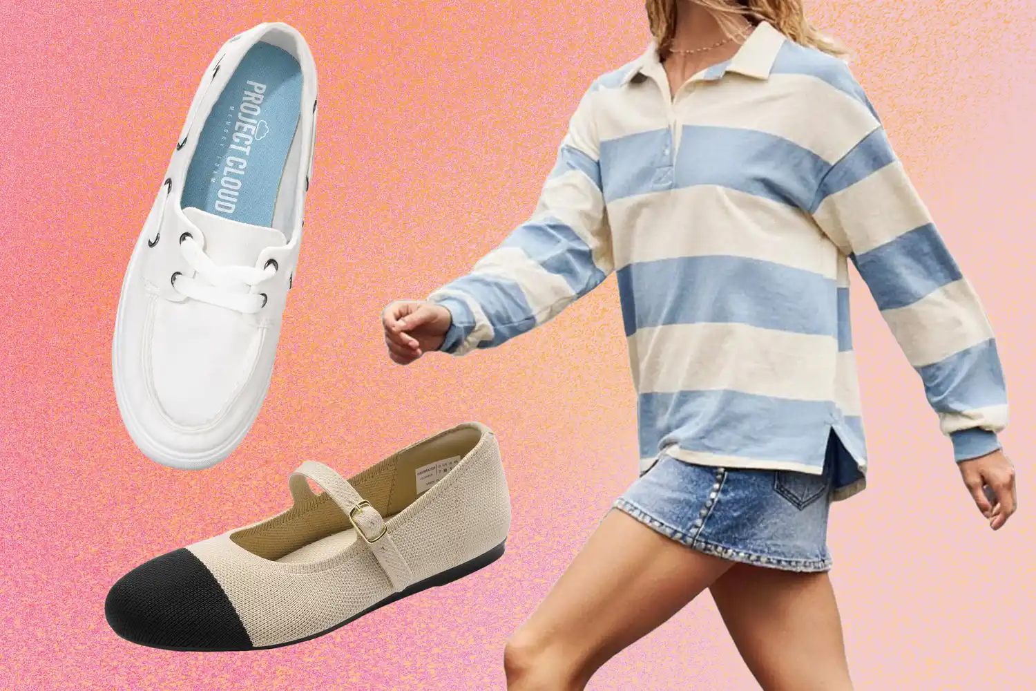 A collage of a striped pullover a pair of casual white sneakers and beige mary jane flats with a gradient background