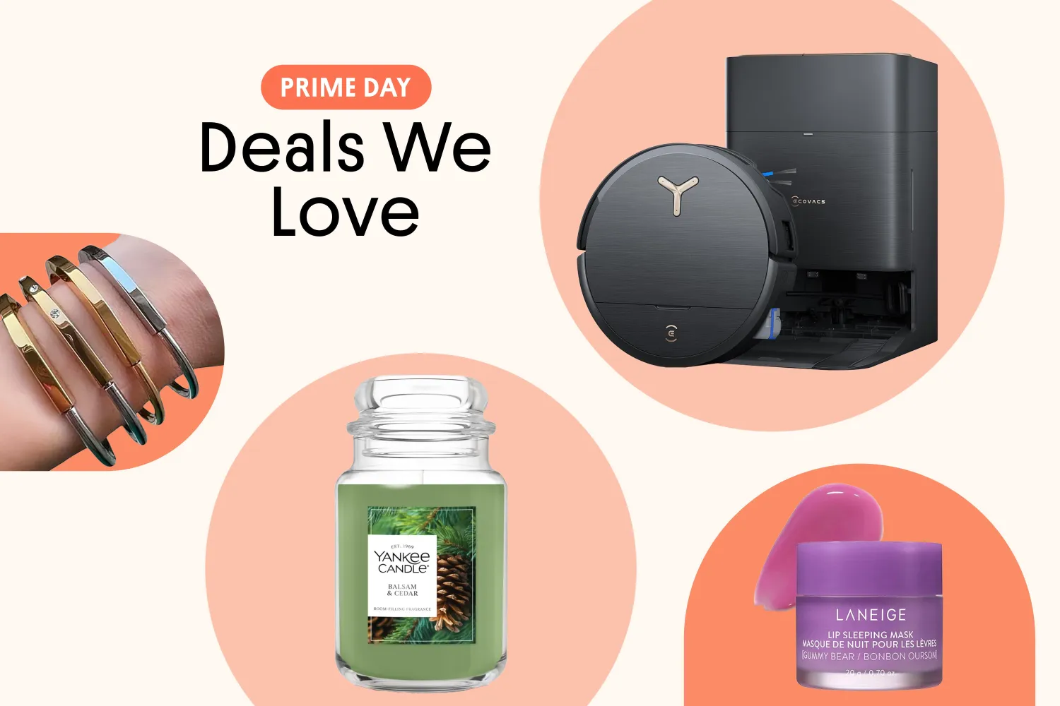 Collage featuring a vacuum wrist bracelets a candle jar and a cosmetic product Prime Day Deals We Love text in the center