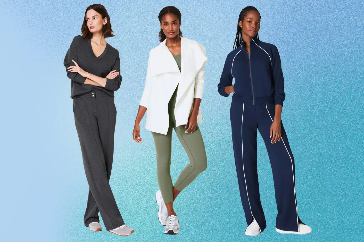 Three models showcasing different styles of casual and activewear outfits