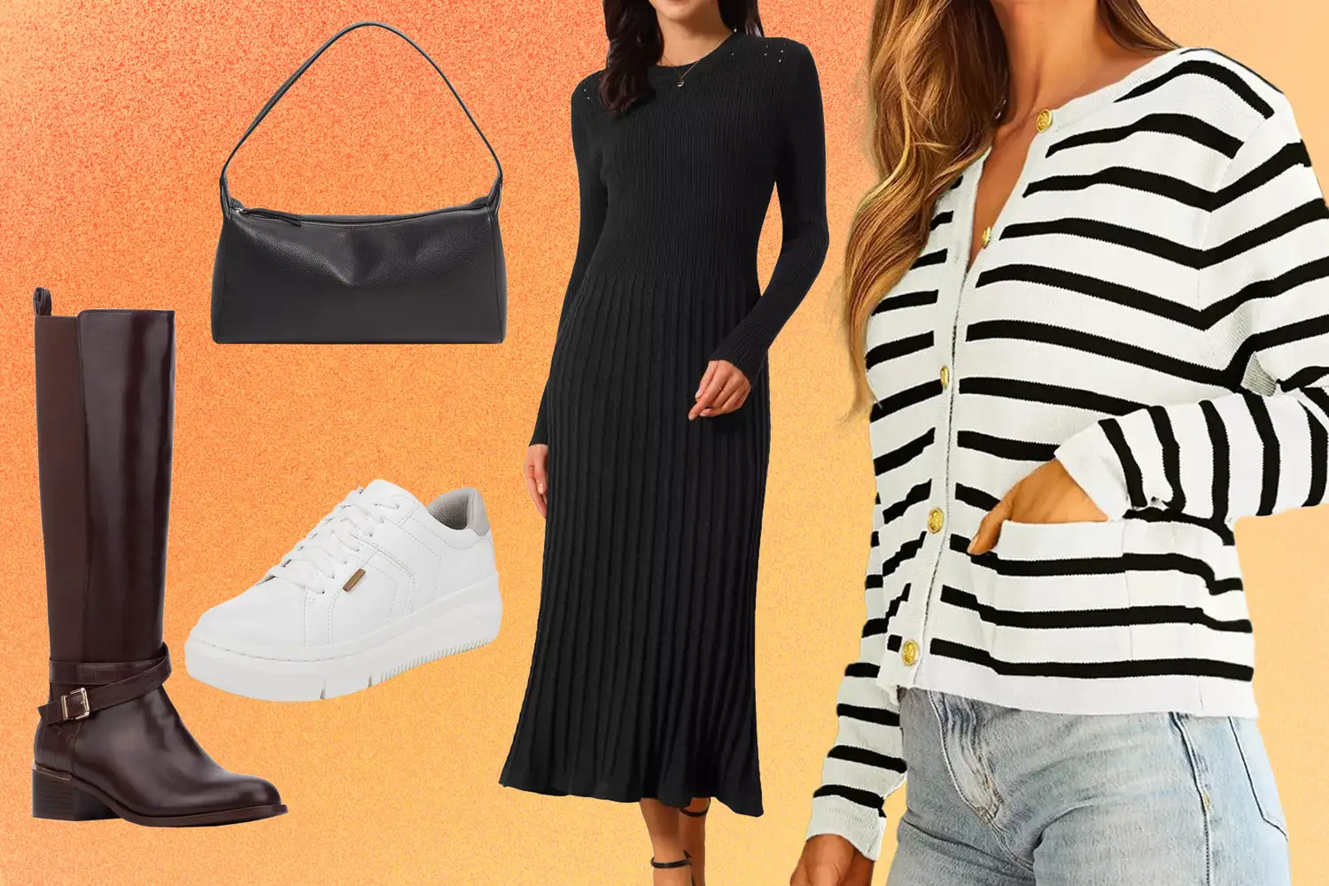 A composition featuring fashion items including a dress a handbag sneakers boots and a striped cardigan