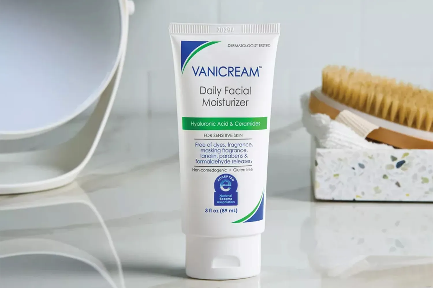Vanicream Daily Facial Moisturizer tube on a bathroom counter