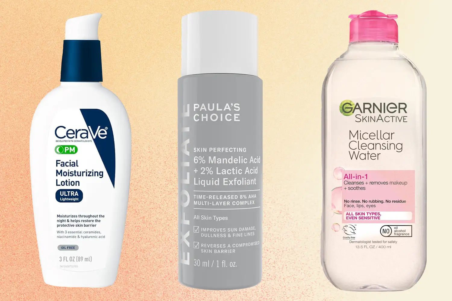 Three skincare products CeraVe moisturizer Paulas Choice exfoliator and Garnier micellar water arranged on a gradient background