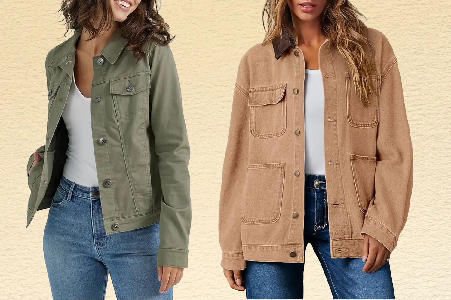 A model wearing the Wrangler Authentics Stretch Denim Jacket and a model wearing the Dokotoo Jean Jacket Women Trendy Fall Fashion Long Sleeve Denim Jacket on a yellow background